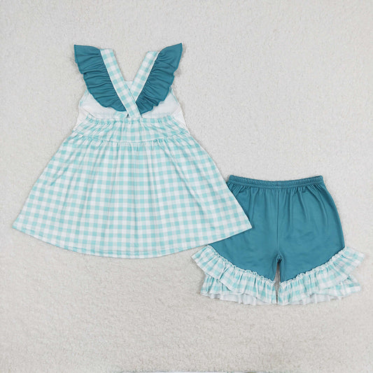 Baby Girls Green Checkered Line Workers Tunic Top Ruffle Shorts Clothes Sets