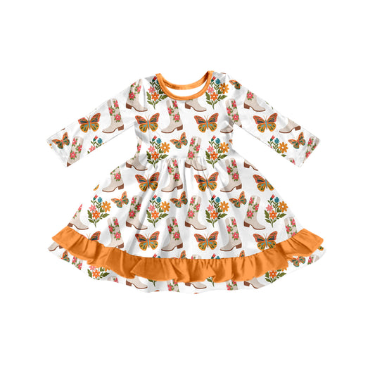 Preorder (moq 5)Baby Girls Long Sleeves Butterfly Floral Boots Ruffle Knee Length Dresses