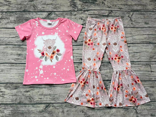 Baby Girls Western Highland Cow Shirt Flowers Bell Pants Clothes Sets