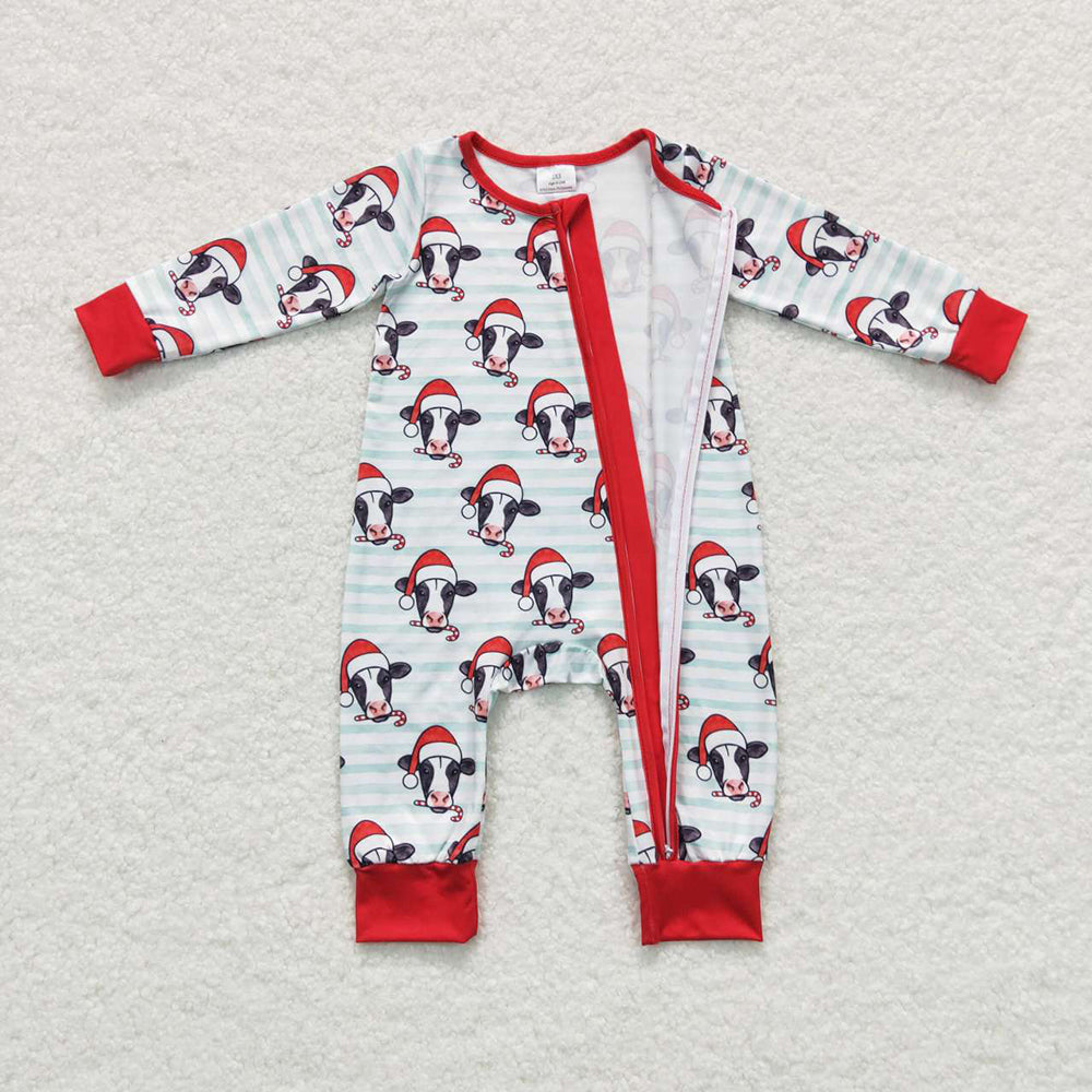 Baby Kids Christmas Cow Zip Long Sleeve Rompers