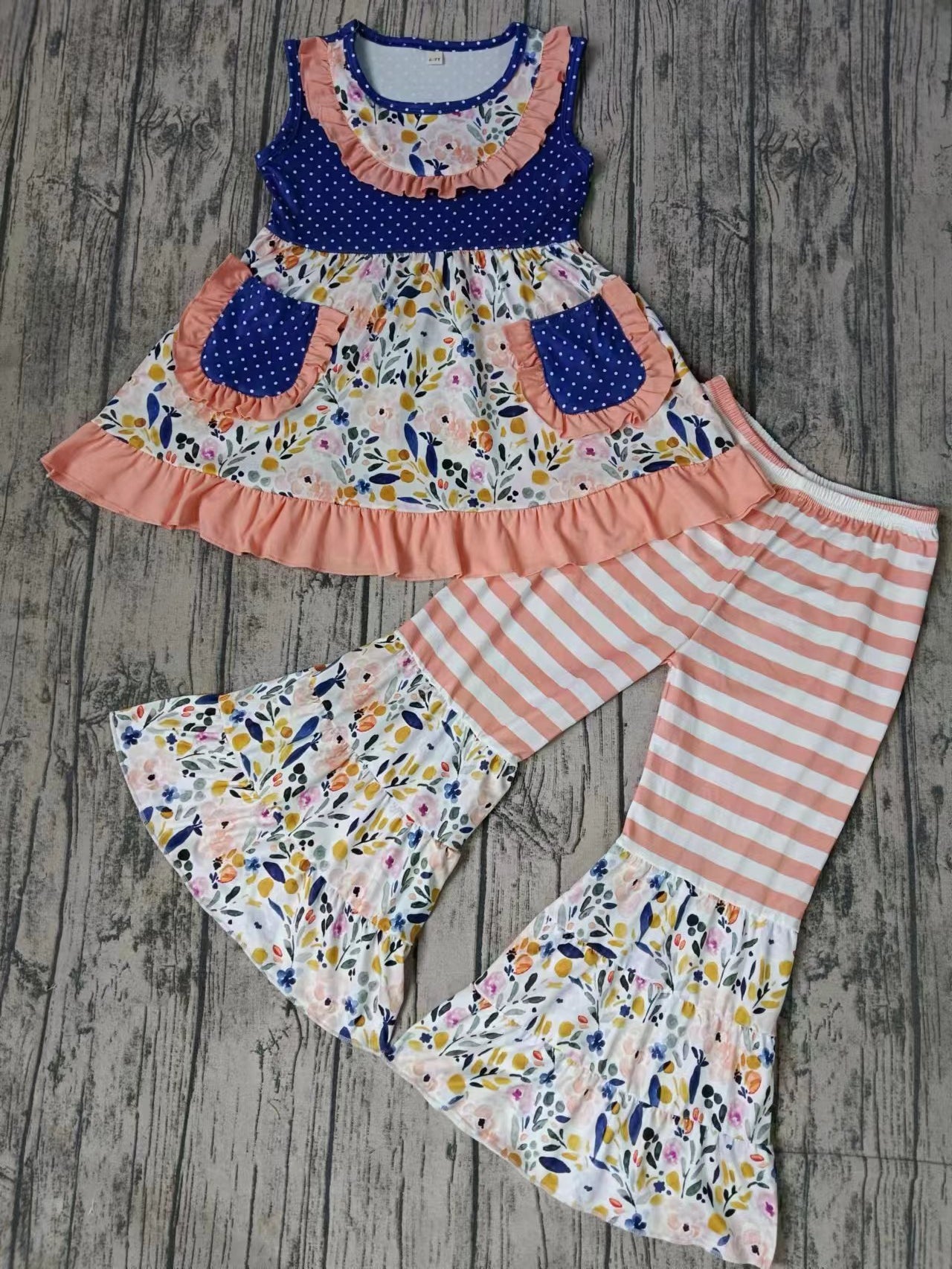 Baby Girls Sleeveless Flowers Tunic Top Bell Pants Clothes Sets preorder(moq 5)