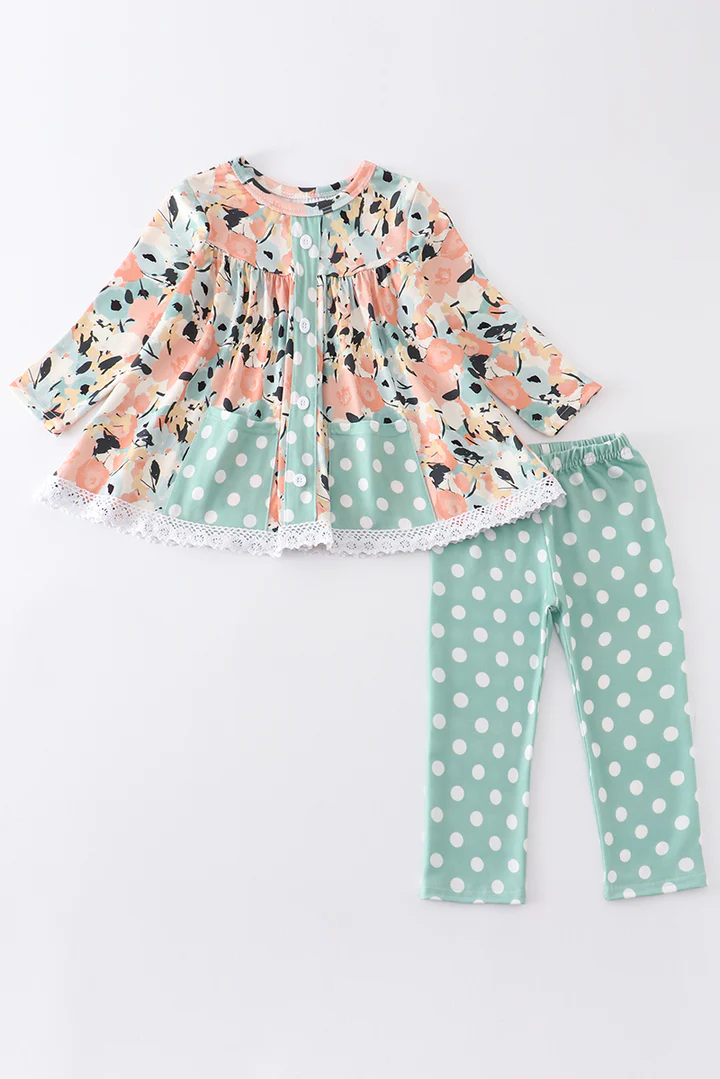 Baby Girls Green Flowers Ruffle Tunic Tops Dots Legging Pants Clothes Sets preorder(moq 5)