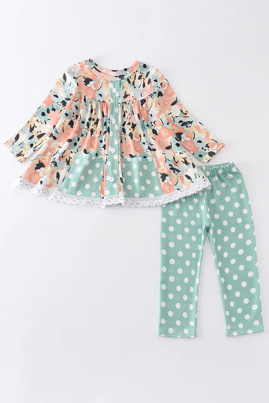 Baby Girls Green Flowers Ruffle Tunic Tops Dots Legging Pants Clothes Sets preorder(moq 5)