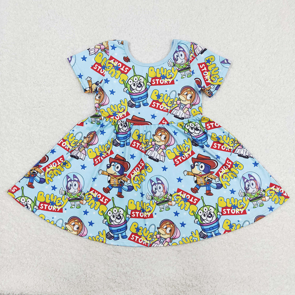 Baby Girls Dogs Blue Short Sleeve Knee Length Dresses