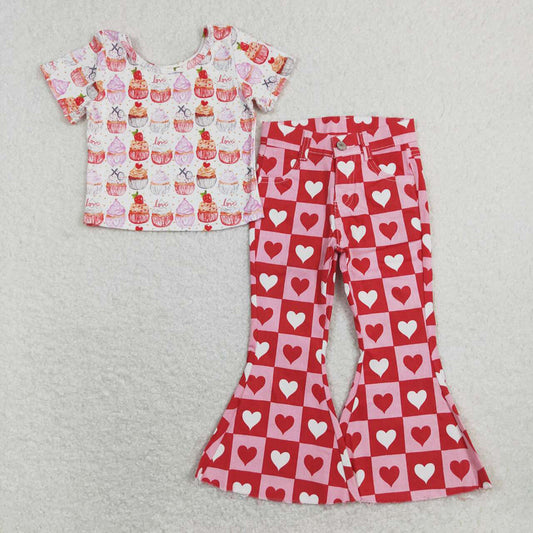 Baby Girls Cup Cake Shirt Hearts Bell Denim Jeans Pants Clothes Sets