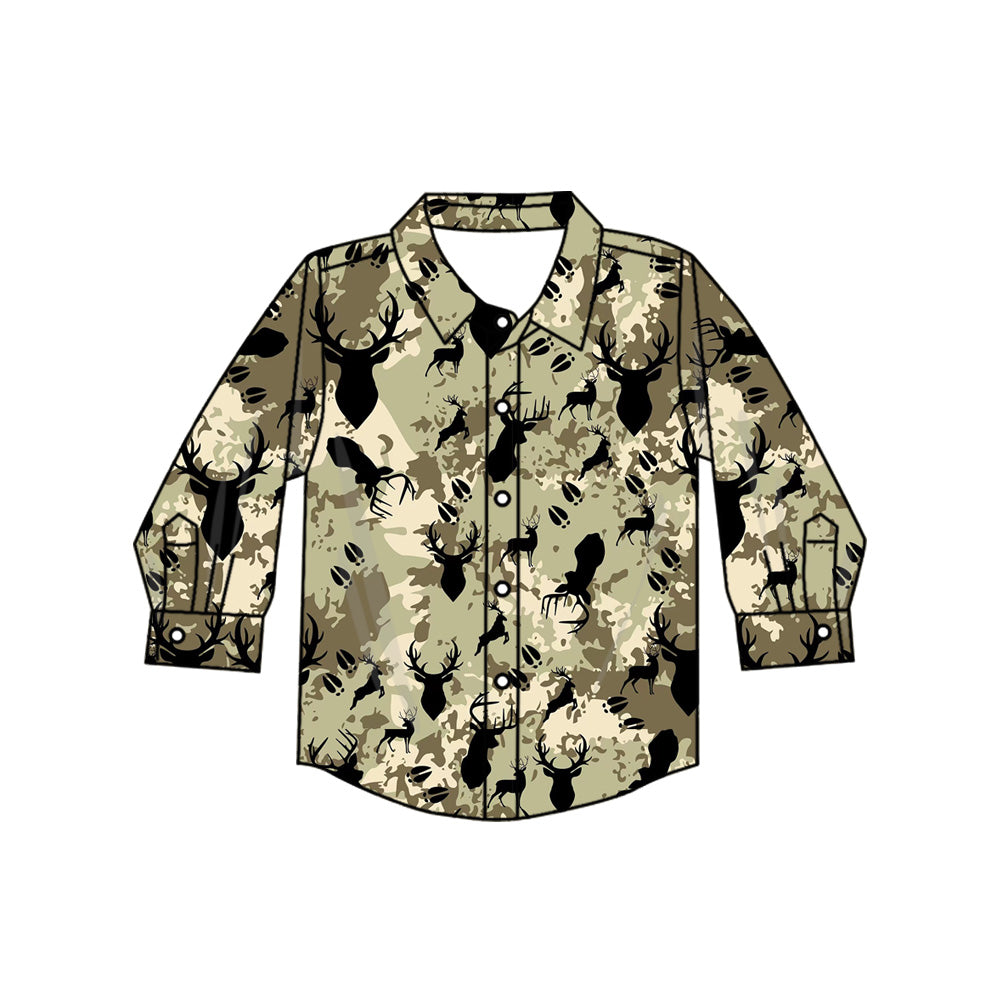 Preorder(moq 5) Baby Boys Long Sleeves Green Camo Deer Button Shirts Top