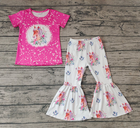 Baby Girls Western Horse Shirt Bell Pants Clothes Sets