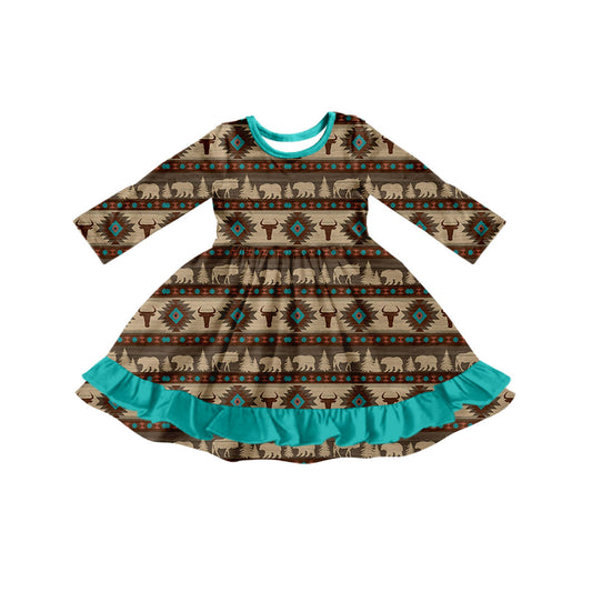 Preorder (moq 5)Baby Girls Long Sleeves Bull Skull Aztec Stripes Ruffle Knee Length Dresses