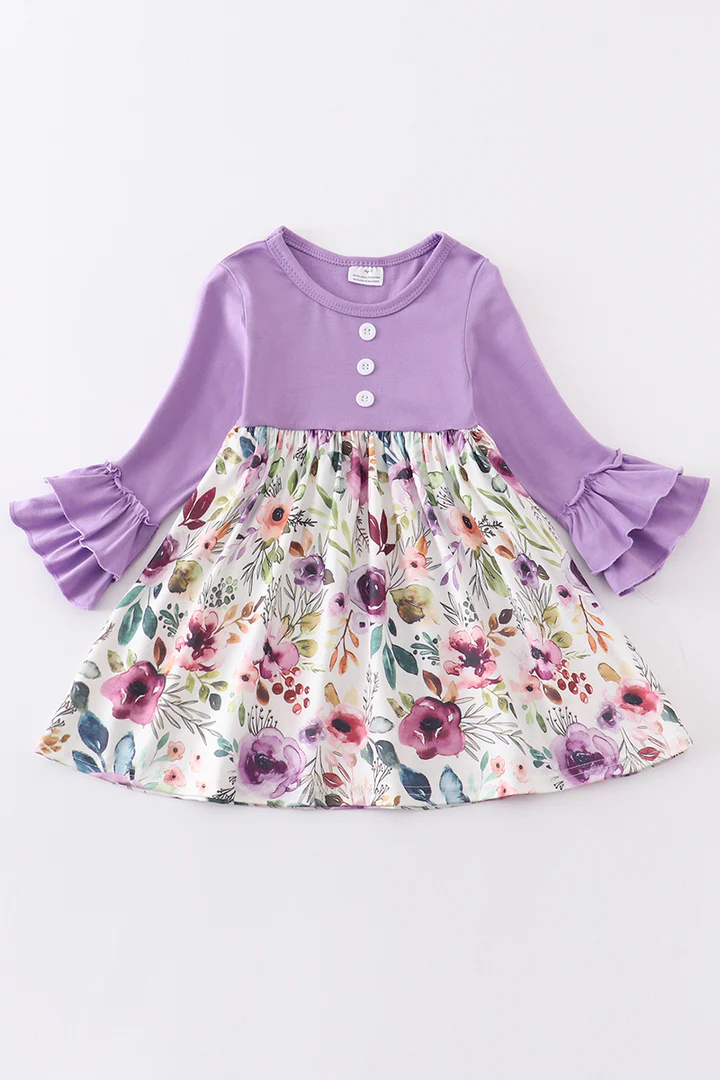 Baby Girls Spring Lavender Top Flowers Skirts Long Sleeve Dresses preorder(moq 5)