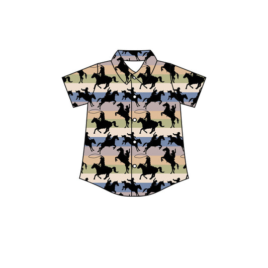 Baby Boys Stripes Rodeo Horses Buttons Short Sleeve Tee Shirts Tops preorder(moq 5)