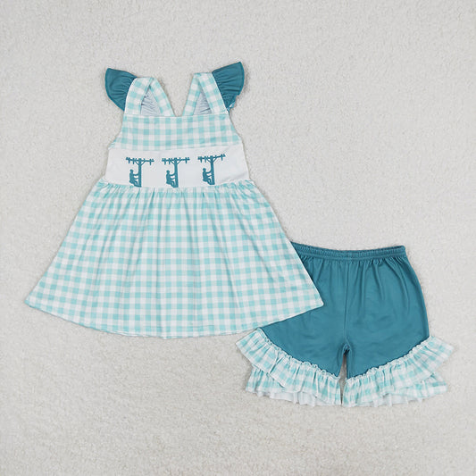 Baby Girls Green Checkered Line Workers Tunic Top Ruffle Shorts Clothes Sets