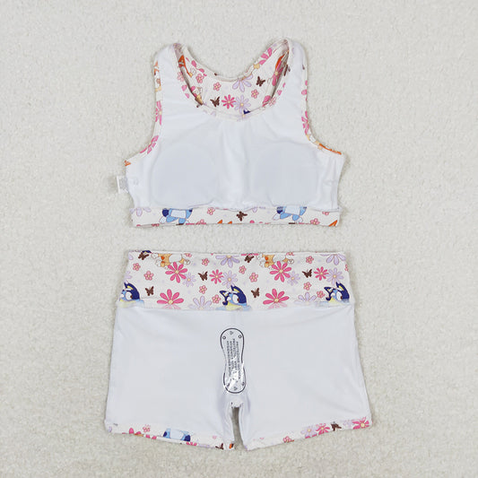 Baby Girls Blue Dog Flowers Crop Tops Shorts Clothes Sets