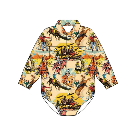 Preorder moq 5 Baby Boys Long Sleeves Horse Rodeos Button Pockets Rompers
