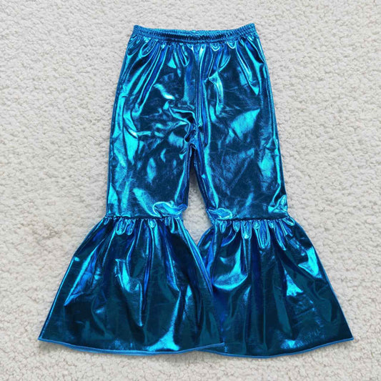 P0252 Baby Girls Blue Holographic Spandex Bell Bottom Pants