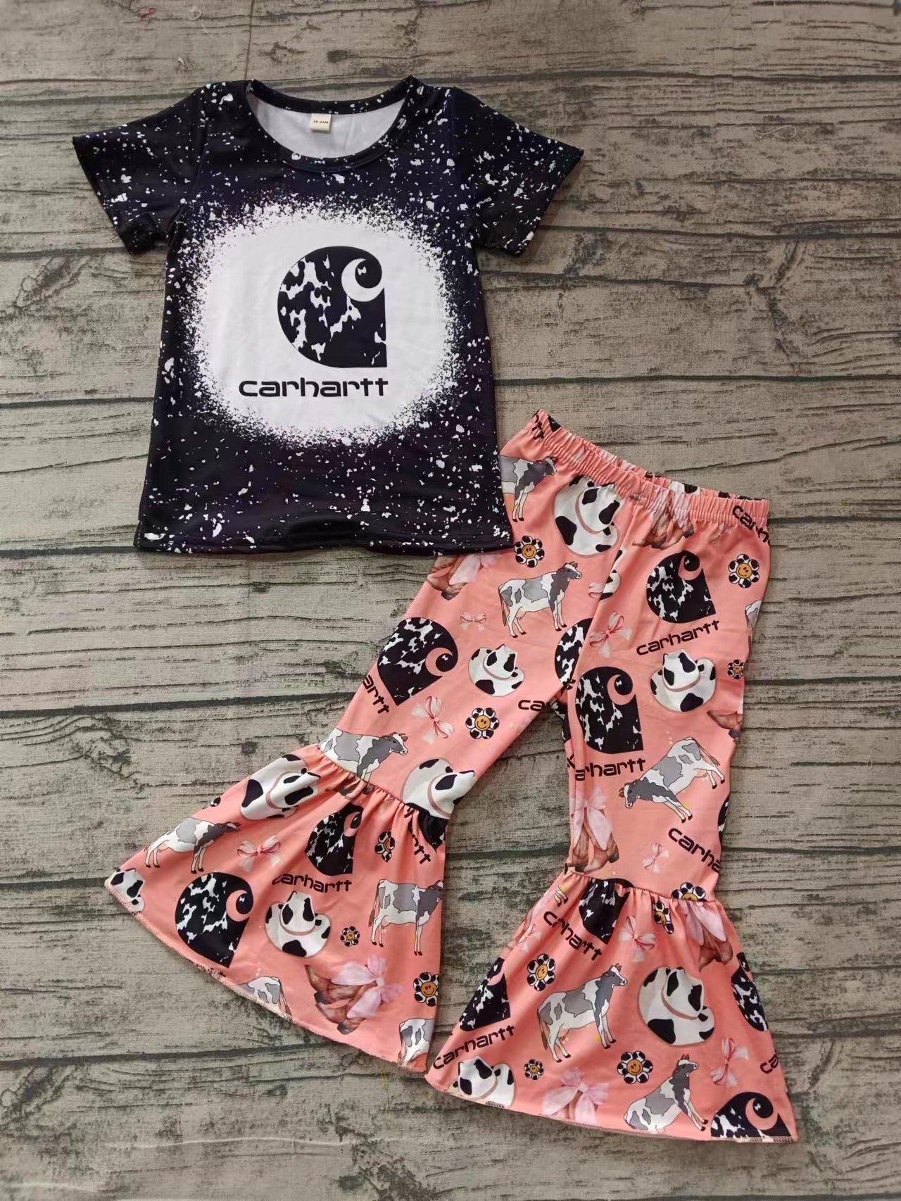 Baby Girls Black Shirt Top Pink Cow Bell Pants Clothes Sets Preorder(moq 5)