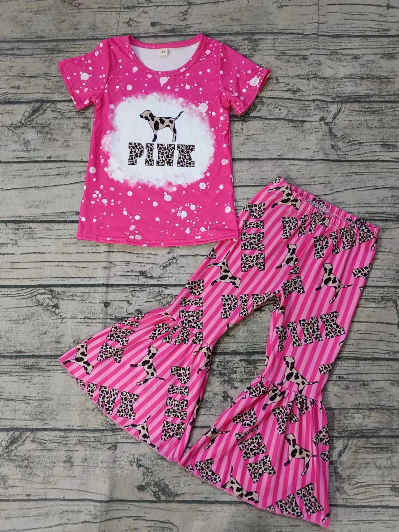 Baby Girls Pink Dog Leopard Shirt Tops Bell Pants Clothes Sets preorder(moq 5)