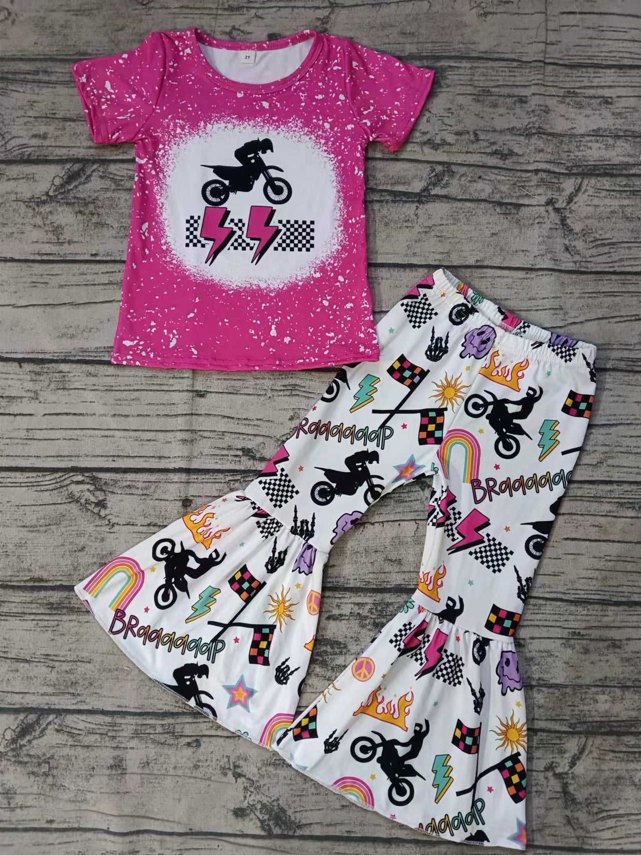 Baby Girls Pink Motobike Top Bell Pants Clothing Sets Preorder(moq 5)