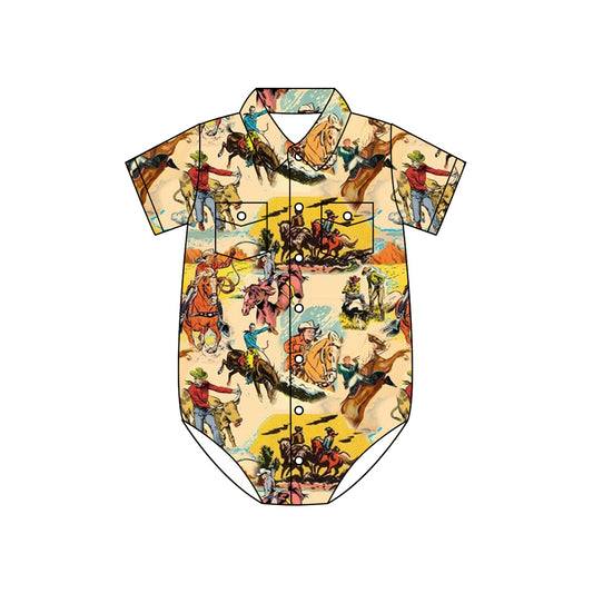 Preorder moq 5 Baby Boys Short Sleeves Horse Rodeos Button Pockets Rompers