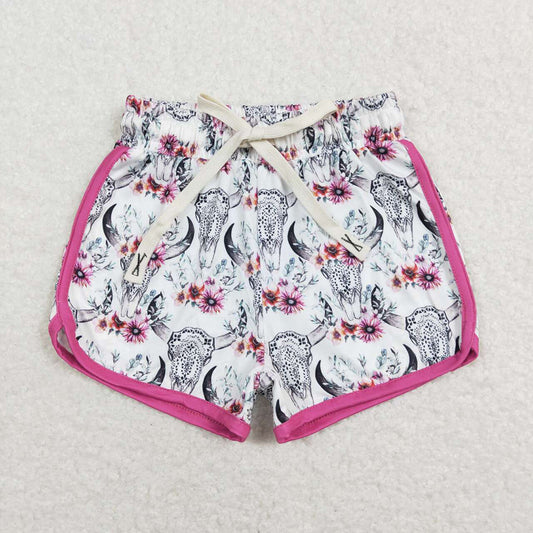 Baby Girls Cow Skull Flowers Western Pink Shorts