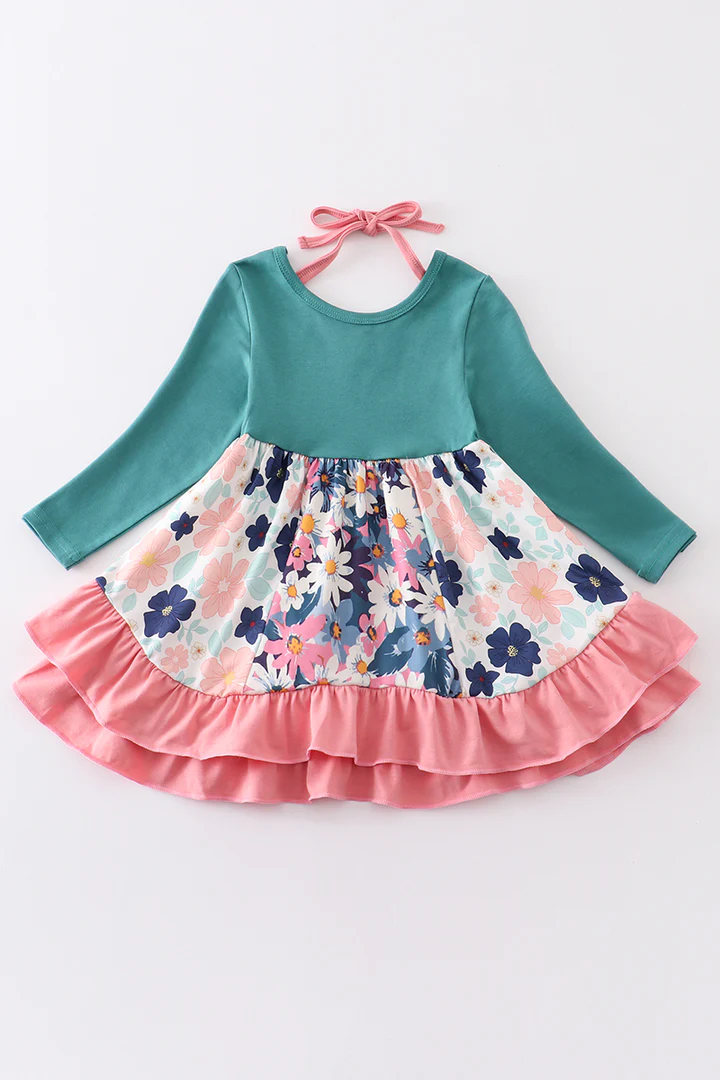 Baby Girls Spring Green Top Flowers Skirts Long Sleeve Dresses preorder(moq 5)