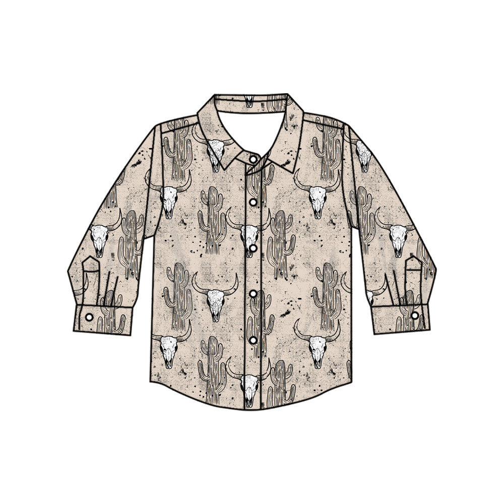 Preorder(moq 5) Baby Boys Long Sleeves Gray Cactus Bull Skull Button Shirts Top