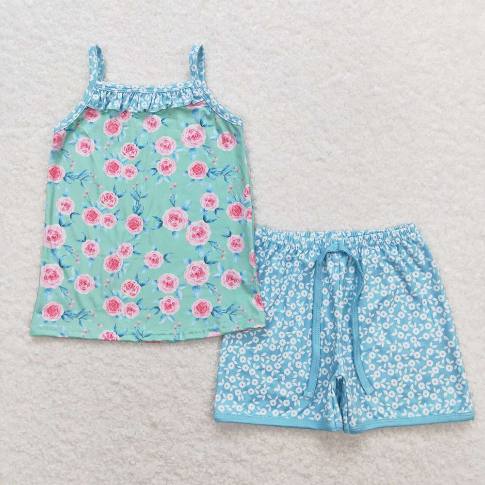 Baby Girls Green Pink Flowers Straps Top Shorts Summer Clothes Sets