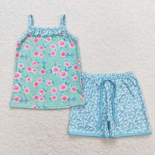 Baby Girls Green Pink Flowers Straps Top Shorts Summer Clothes Sets