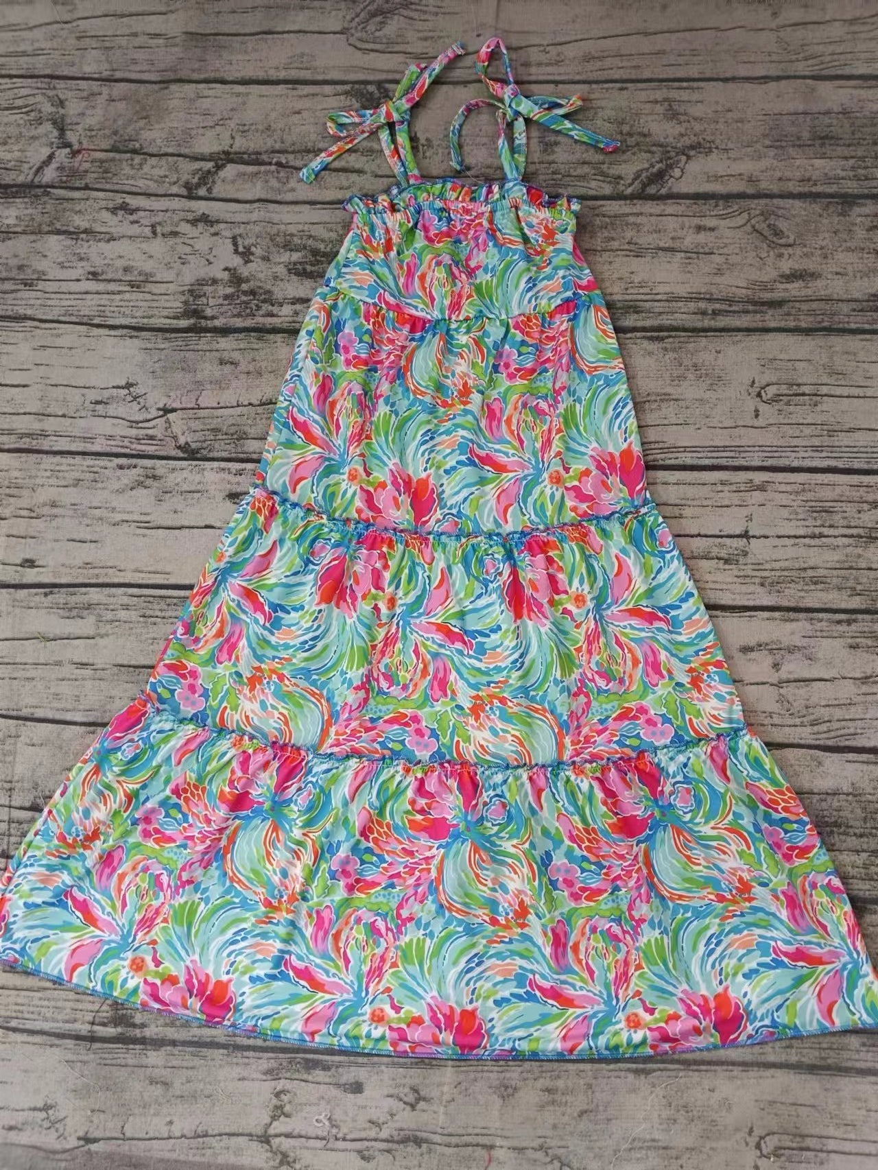 Baby Girls Green Water Flowers Straps Maxi Long Dresses Preorder(moq 5)