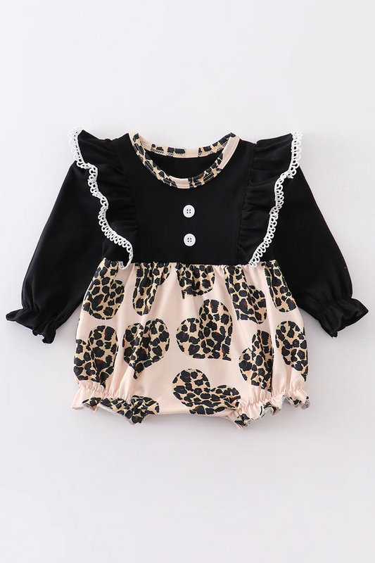 Baby Girls Leopard Hearts Valentines Black Rompers preorder(moq 5)