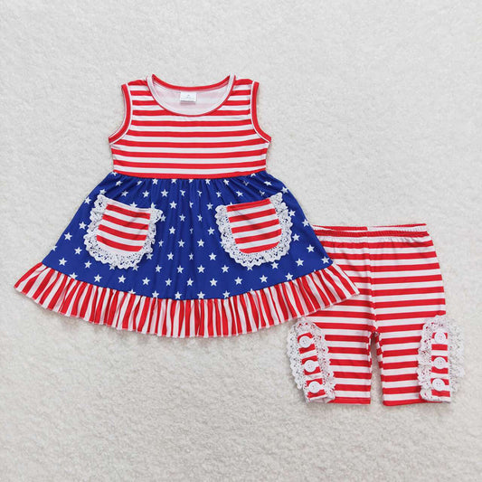 Baby Girls 4th Of July Stars Pockets Tunic Top Ruffle Shorts Clothes Sets