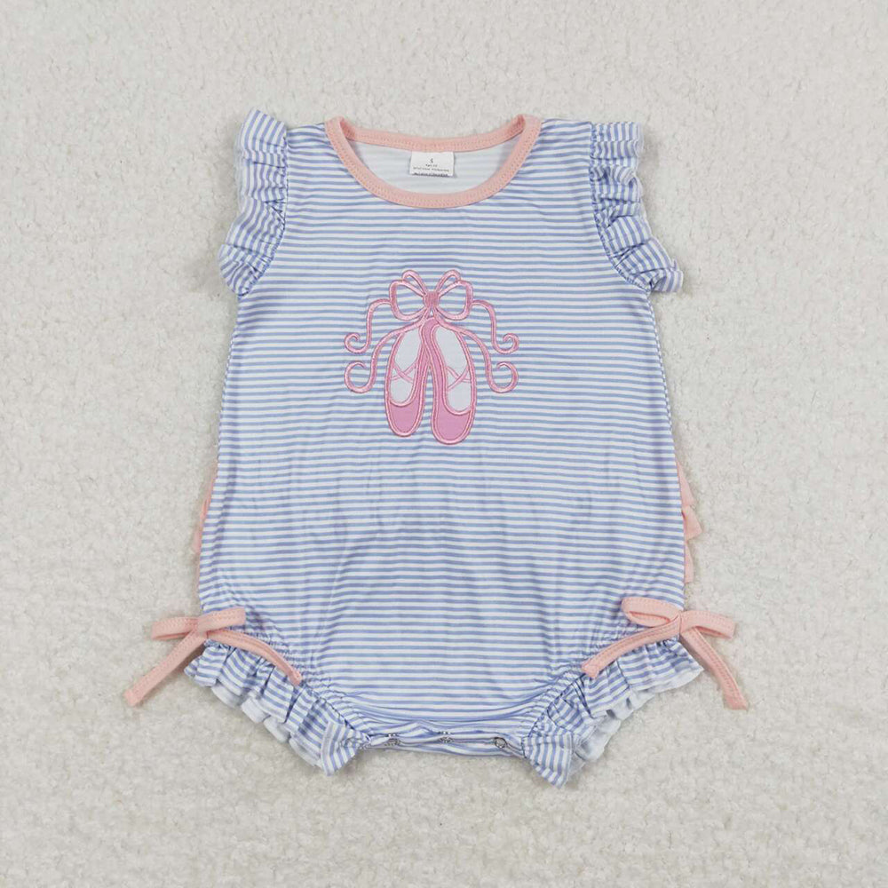 Baby Infant Girls Blue Stripes Shoes Flutter Sleeve Rompers