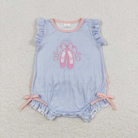 Baby Infant Girls Blue Stripes Shoes Flutter Sleeve Rompers