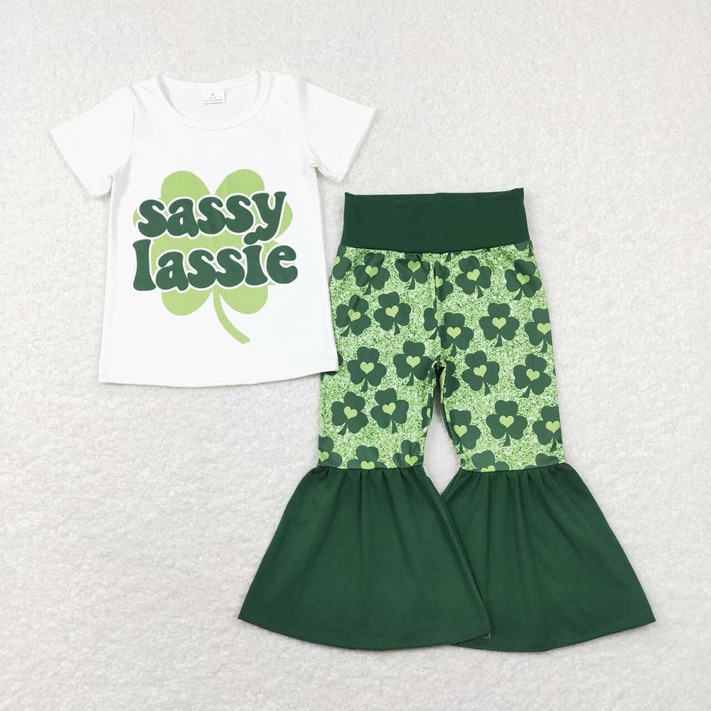 Baby Girls St Patrick Day Sassy Top Quatrefoil Bell Bottom Pants Clothes Sets