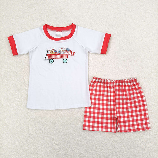 Baby Boys 4th Of July Flag Tractor Red Checkered Shorts Clothes Sets