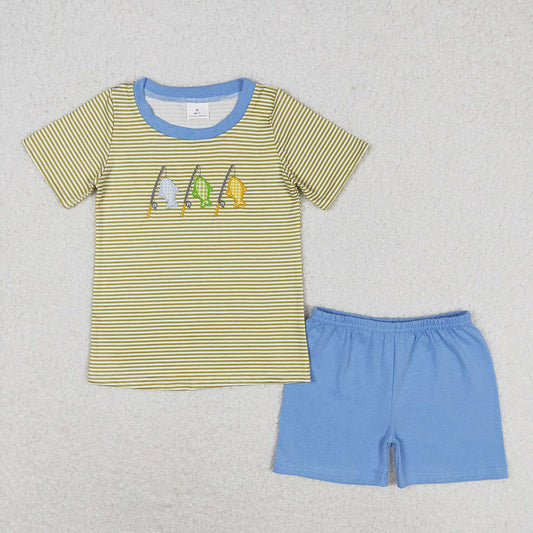 Baby Boys Stripes Fishing Sibling Embroidery Summer Rompers Clothes Sets