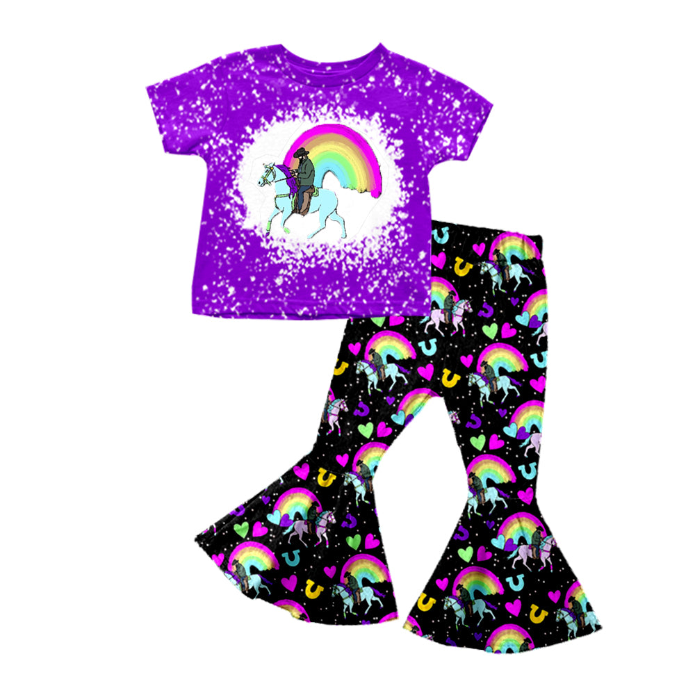 Baby Girls Purple Rodeo Shirt Hearts Bell Pants Clothes Sets preorder(moq 5)