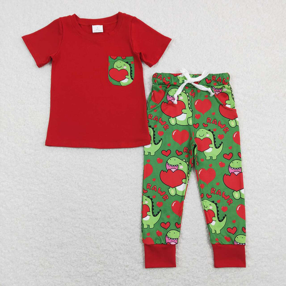 Baby Boys Valentines Pocket Top Dinosaur Hearts Pants Clothes Sets