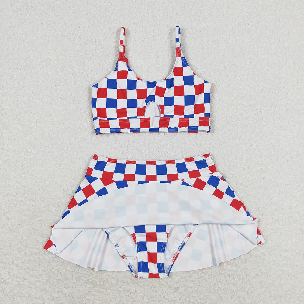 Baby Girls Summer Red Blue Checkered Top Bottoms 2pcs Swimsuits