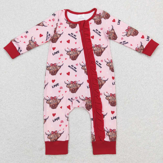 Baby Girls Western Highland Cow Valentines Hearts Zip Rompers