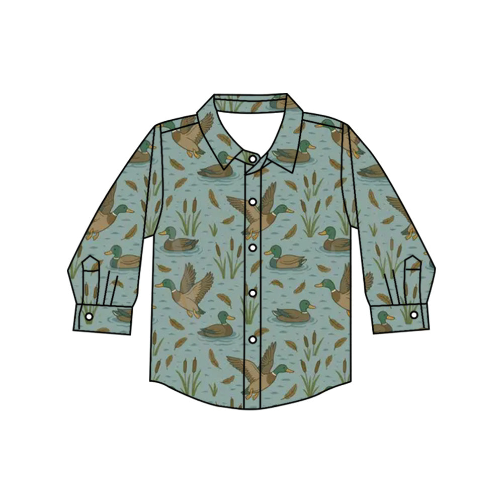 Preorder(moq 5) Baby Boys Long Sleeves Green Ducks Plaid Button Shirts Top