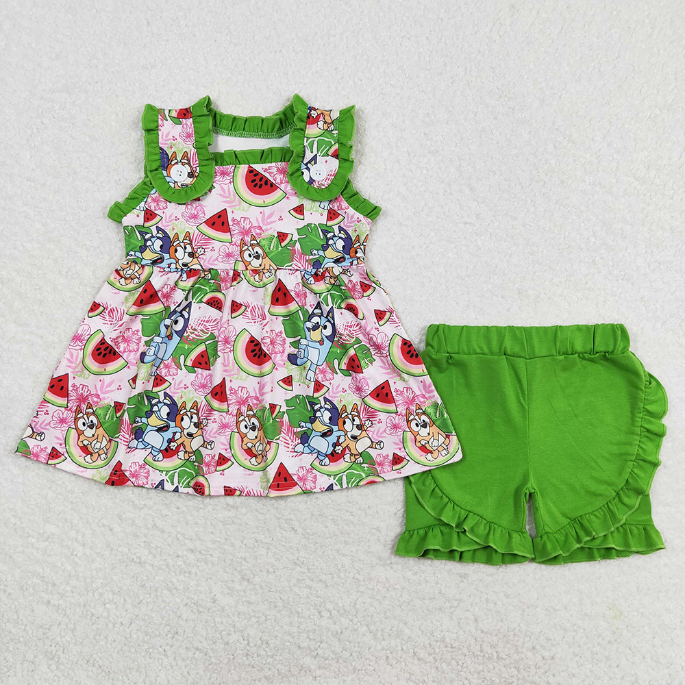 Baby Girls Watermelon Dogs Tunic Top Ruffle Shorts Clothes Sets