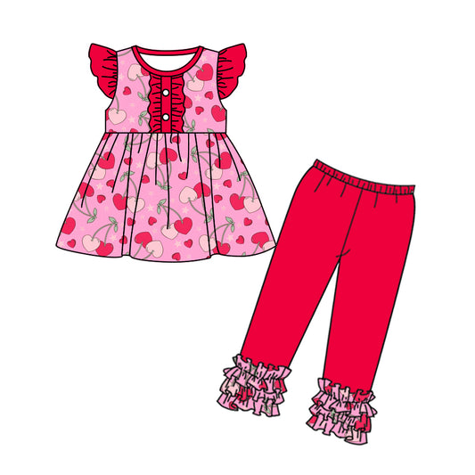 Baby Girls Flutter Sleeve Cherry Hearts Tunic Legging Valentines Clothes Sets preorder(moq 5)