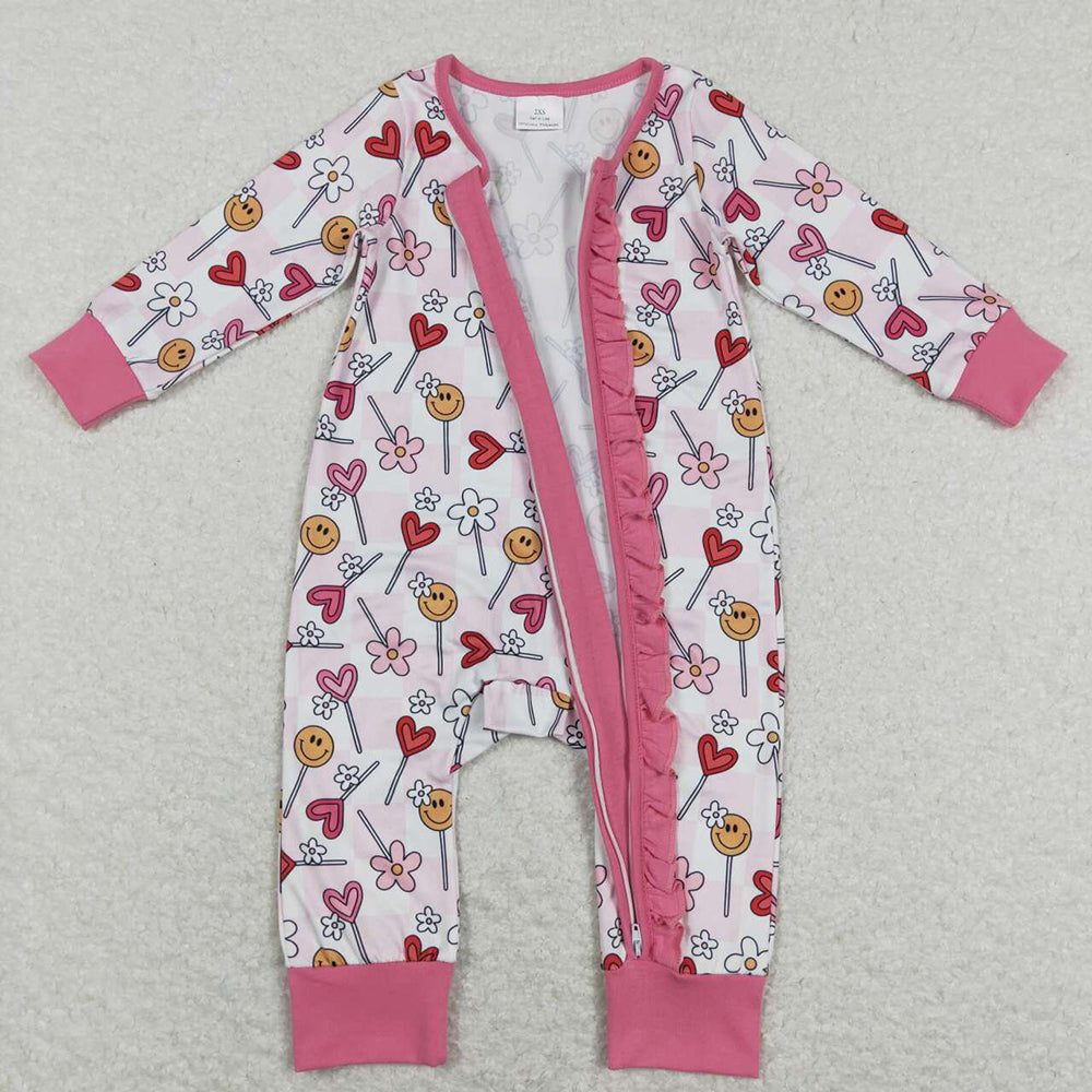 Baby Infant Girls Valentines Flowers Hearts Long Sleeve Zip Rompers