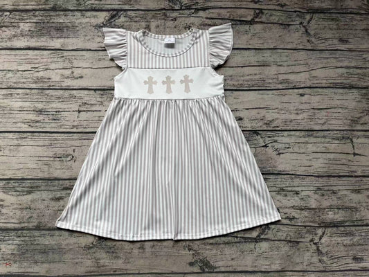 Baby Girls Grey Stripes Easter Cross Knee Length Dresses