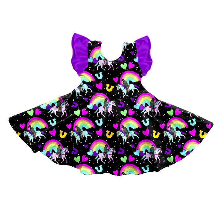 Baby Girls Flutter Sleeve Purple Rainbow Rodeo Knee Length Dresses preorder(moq 5)