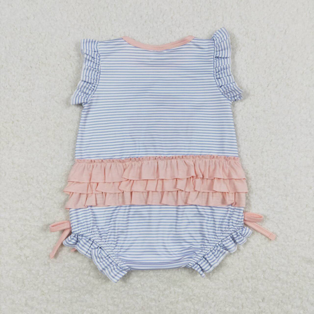 Baby Infant Girls Blue Stripes Shoes Flutter Sleeve Rompers