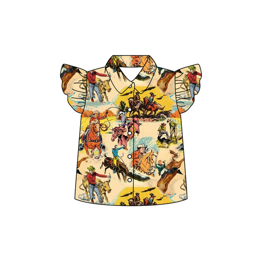 Preorder moq 5 Baby Girls Flutter Sleeves Horse Rodeos Button Shirts Top
