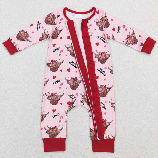 Baby Girls Western Highland Cow Valentines Hearts Zip Rompers