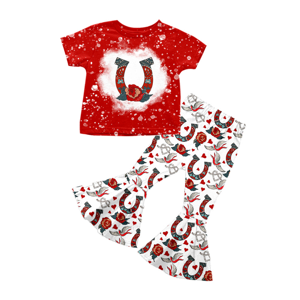 Baby Girls Western Red Horse Shoes Shirt Flare Pants Clothes Sets preorder(moq 5)