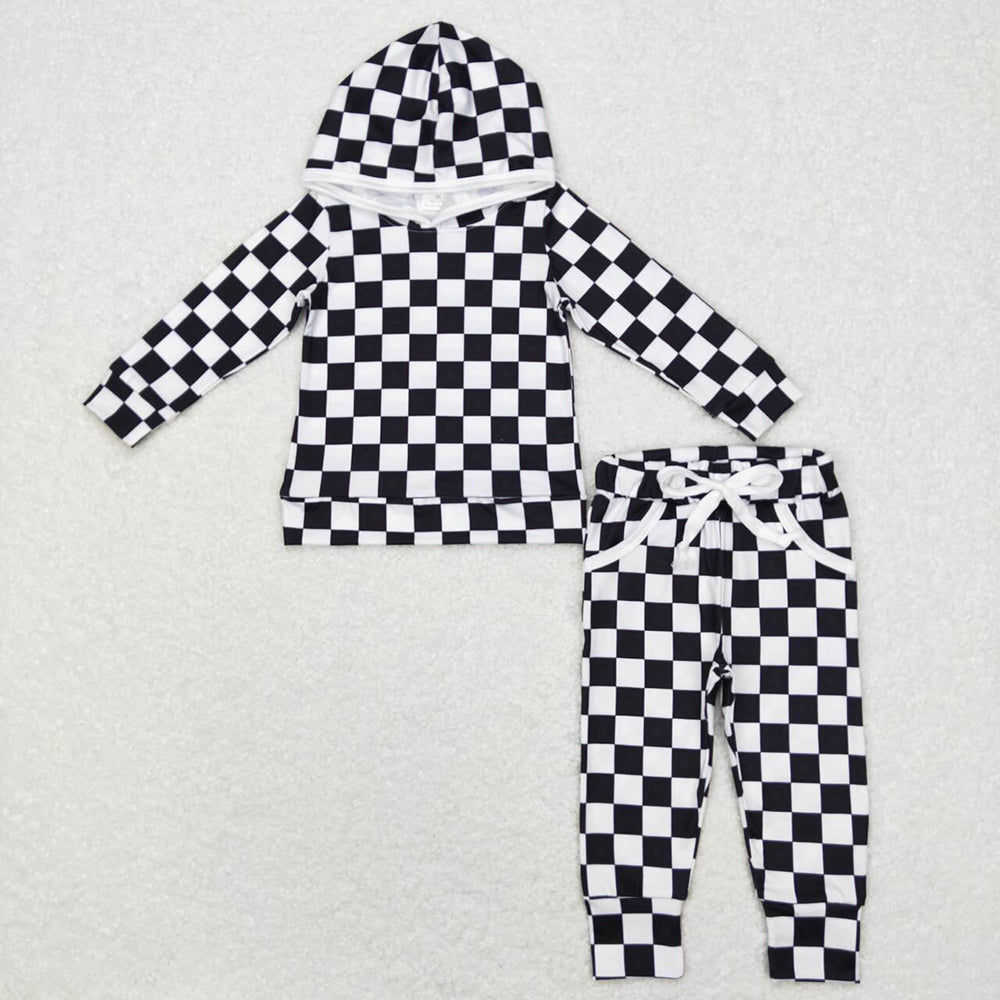 Baby Boys Black Checkered Long Sleeve Hooded Shirt Top Pants Clothing Sets